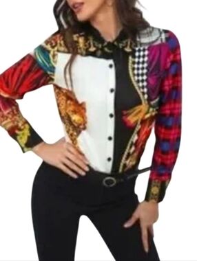 Bold Mixed-Print Button-Front Blouse in Red, Black, White & Gold